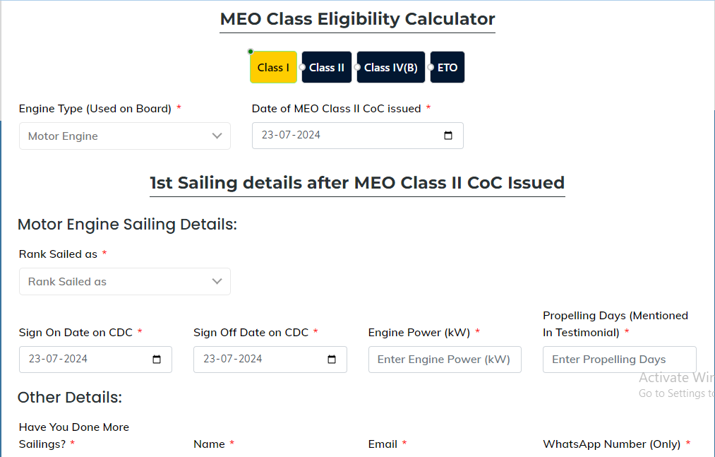 MEO Class 1 Eligibility Calculator